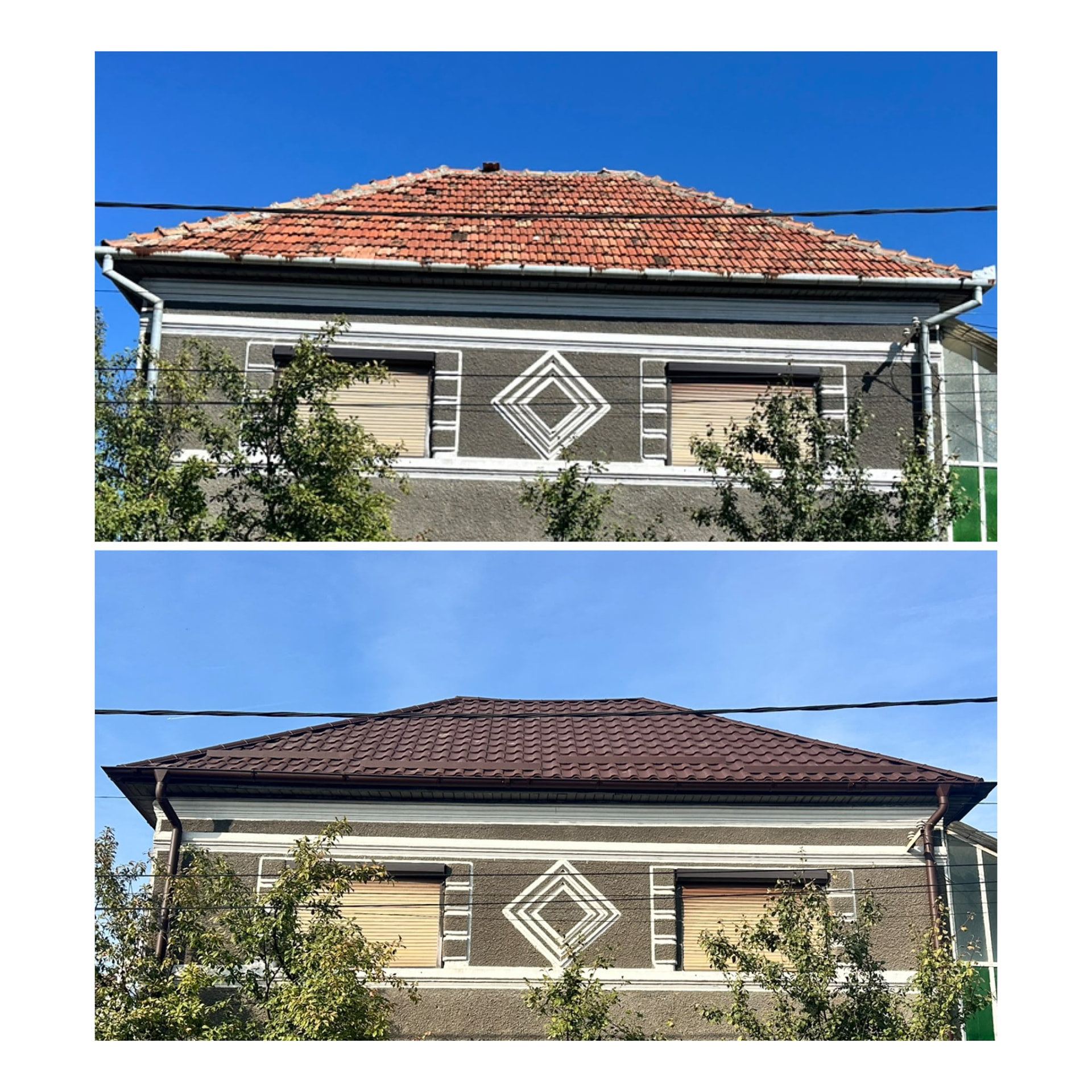 Înainte și după: acoperiș din țiglă ceramică veche, înlocuit cu țiglă metalică maro și sistem pluvial nou, în cartierul Bujac din Arad
